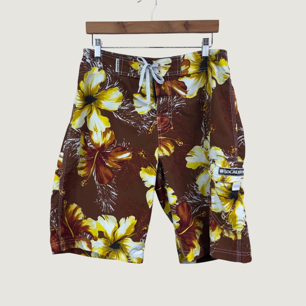 Local Motion Board Shorts 32 Brown Floral Hibiscus Surf Beach Skater Retro